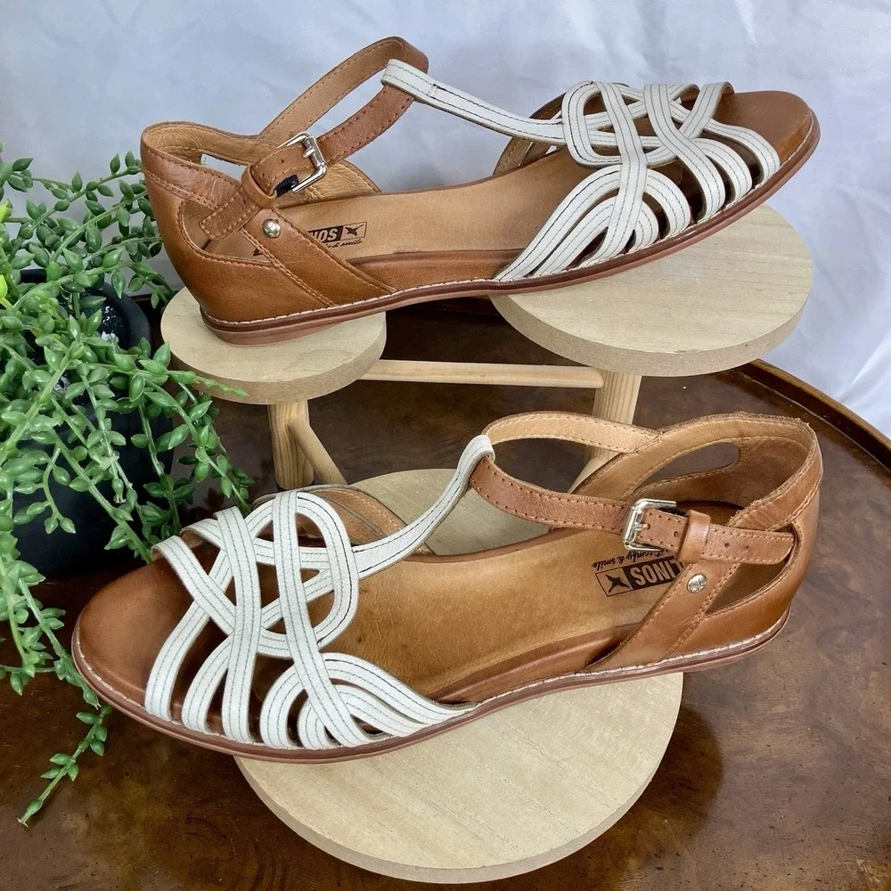 PIKOLINOS Brown and White Strappy Leather Sandals